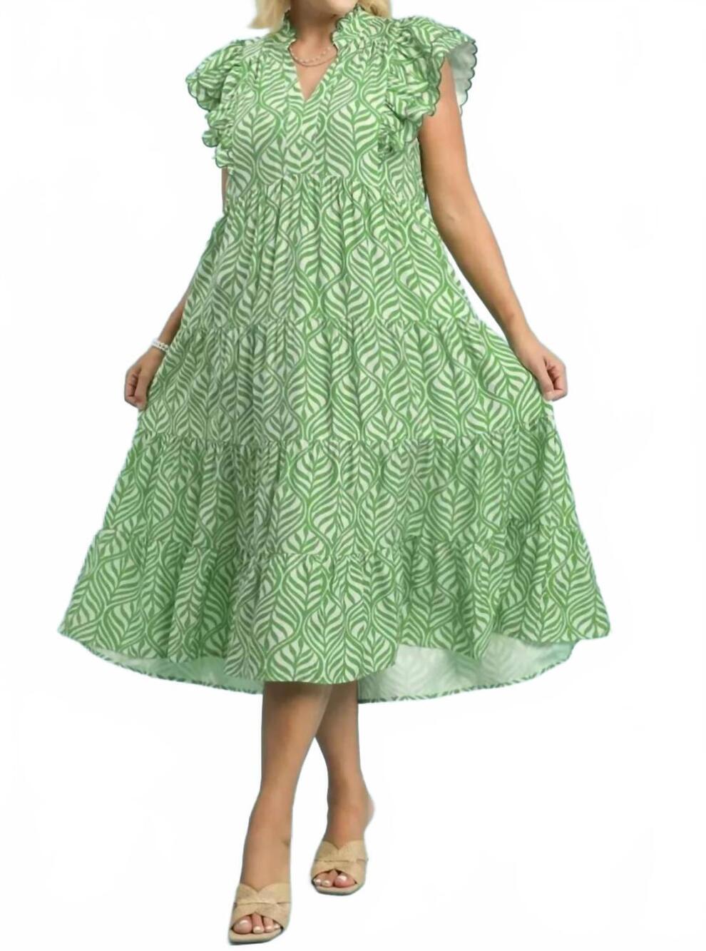 NEW UMGEE leaf print tiered maxi dress in green